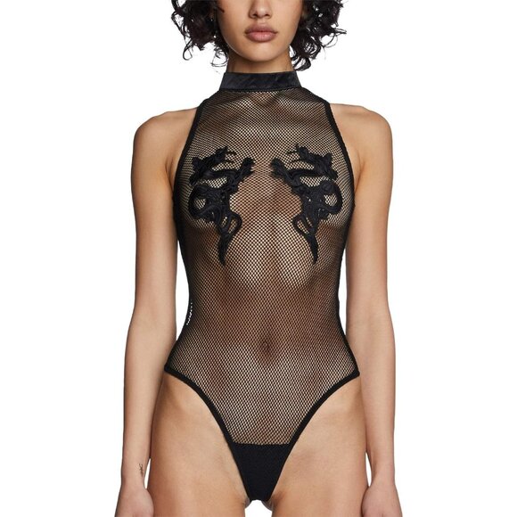 ⚡Women Black Dolls Kill Bad Luck Dragon Fishnet Bodysuit High Neck Bodysuit - Picture 4 of 5